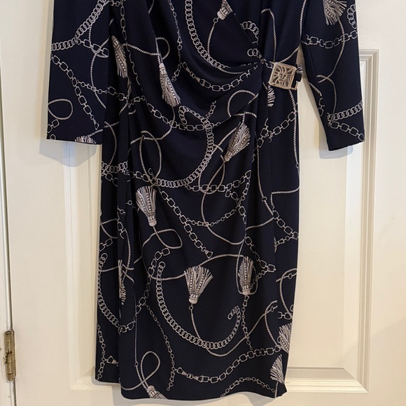 Anne Klein Dress Womens 12 Navy Chain & Tassel Pattern Wrap Dress- Stretch Knit - Picture 4 of 7